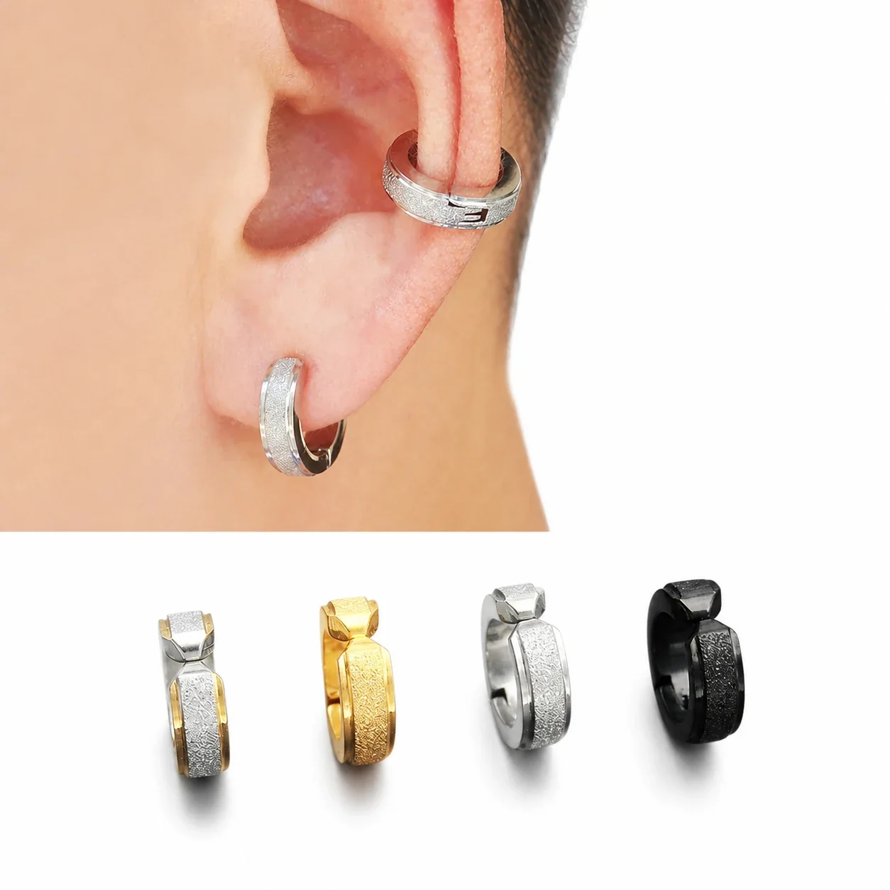 Edgy Stainless Steel Textured Clip-On Hoop Earrings