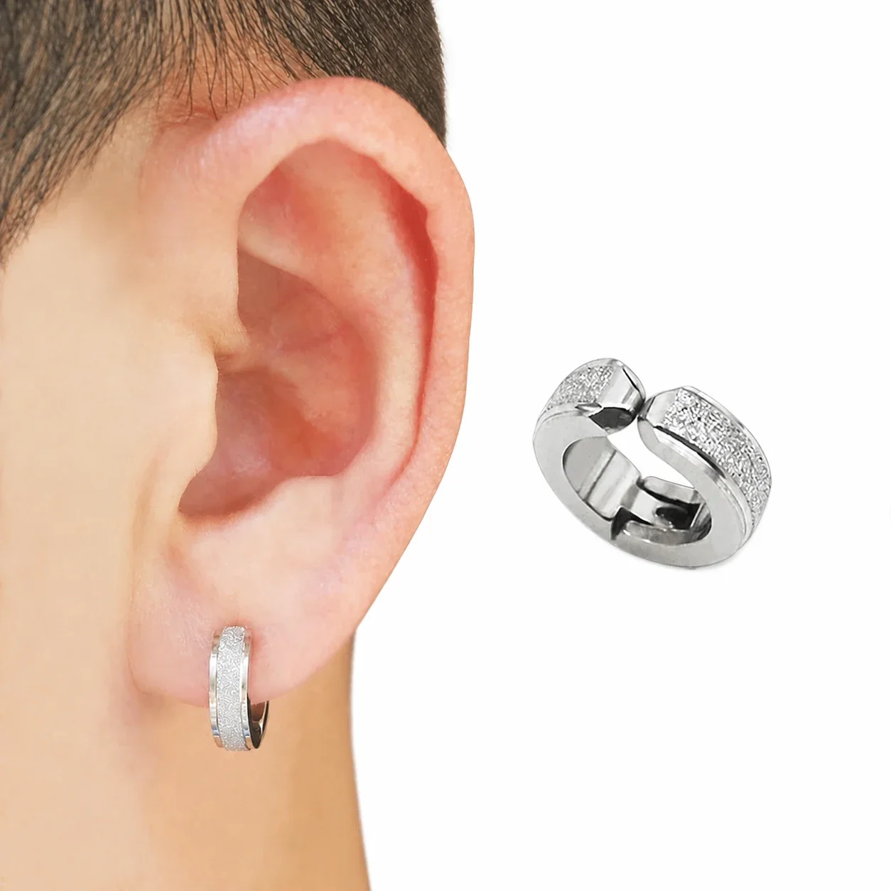 Edgy Stainless Steel Textured Clip-On Hoop Earrings - Silver
