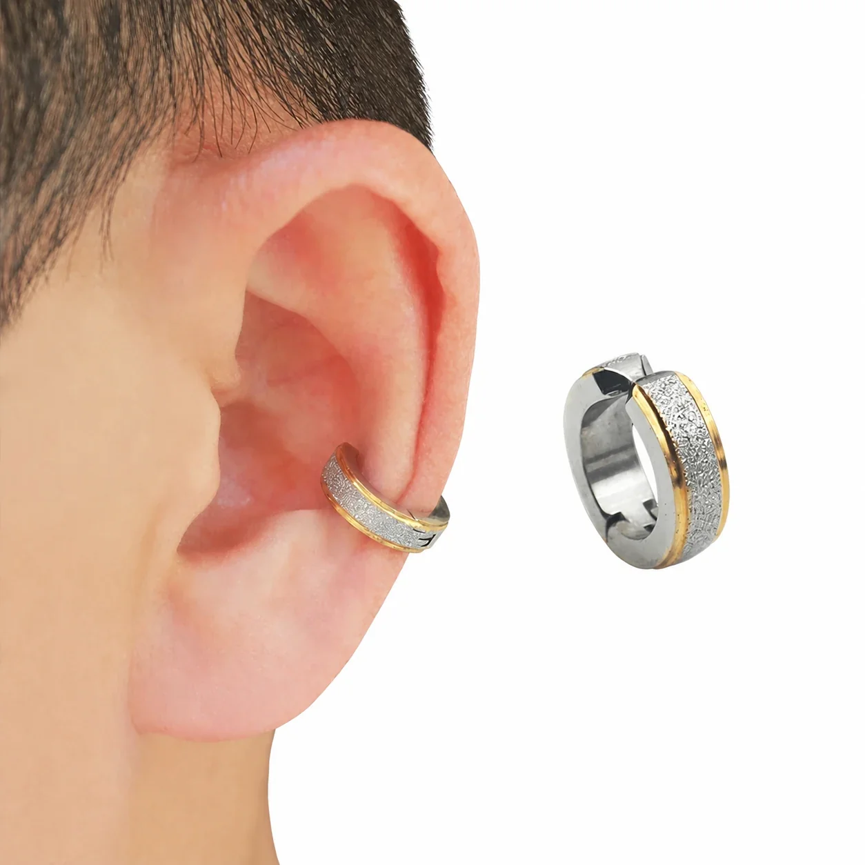 Edgy Stainless Steel Textured Clip-On Hoop Earrings - Tone