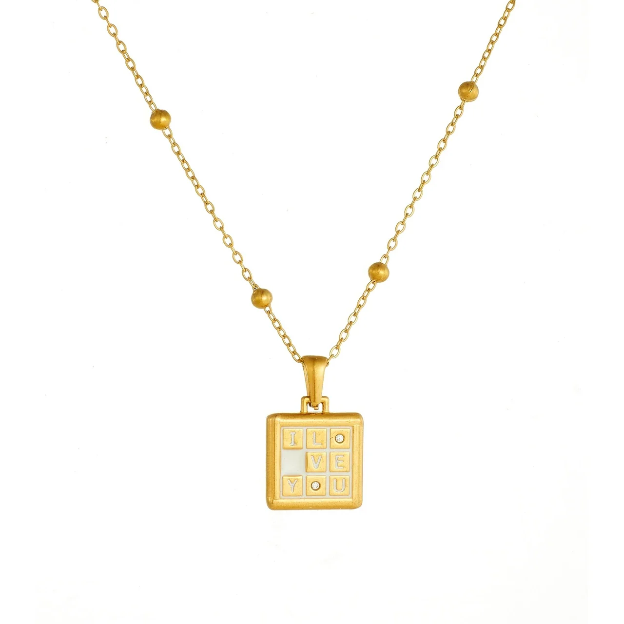 Pendant Necklace I Love You Tile Grid Gold-Plated Stainless Steel