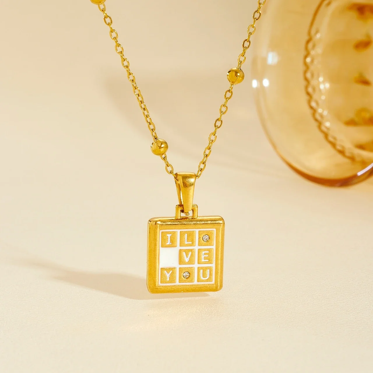 Pendant Necklace I Love You Tile Grid Gold-Plated Stainless Steel