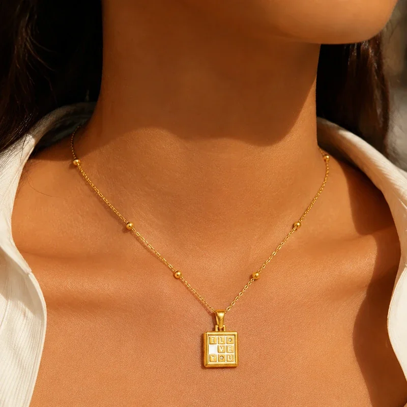 Pendant Necklace I Love You Tile Grid Gold-Plated Stainless Steel