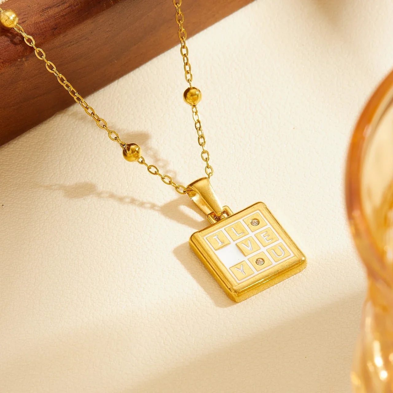 Pendant Necklace I Love You Tile Grid Gold-Plated Stainless Steel