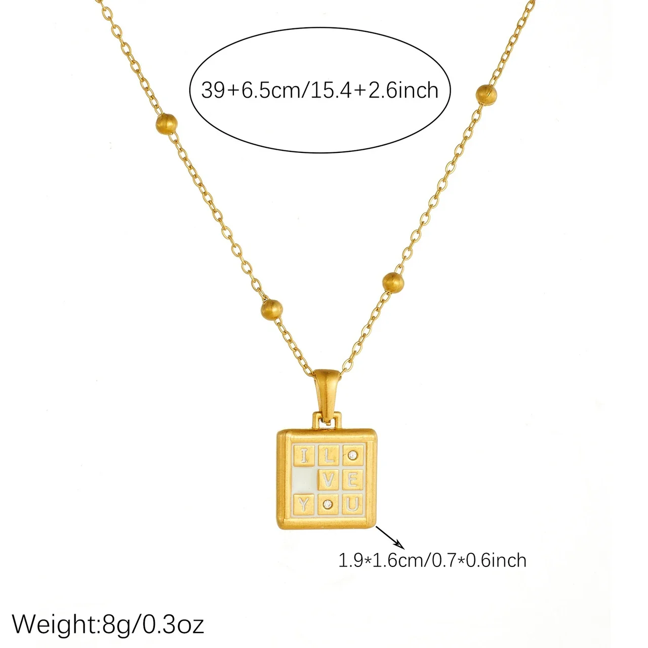 Pendant Necklace I Love You Tile Grid Gold-Plated Stainless Steel