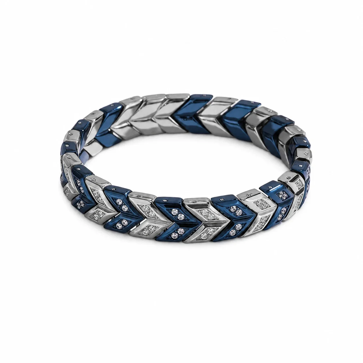 Sculpted 316 Stainless Steel Chevron Chain Bracelet - Blue Silver Full Stone