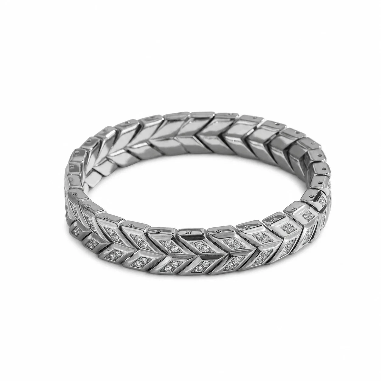 Sculpted 316 Stainless Steel Chevron Chain Bracelet - Silver Full Stone