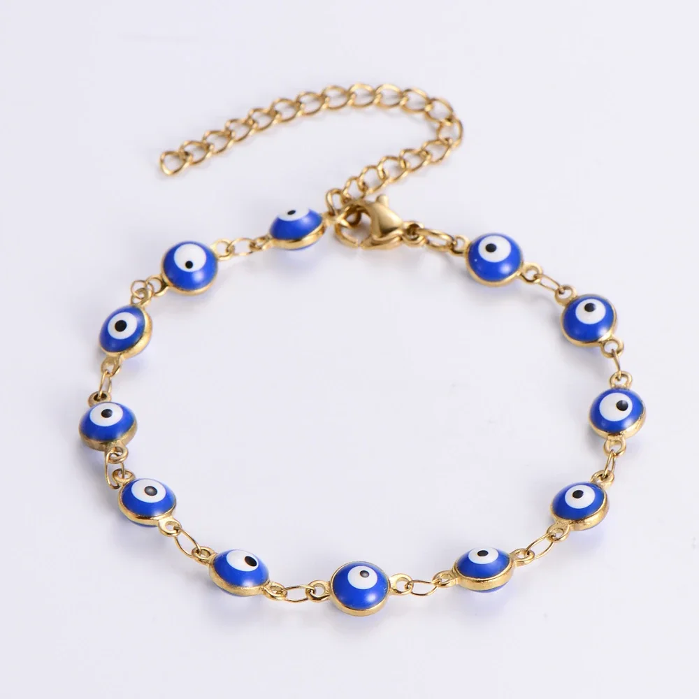 Evil Eye Stainless Steel Gold-Tone Enamel Disc Bracelet