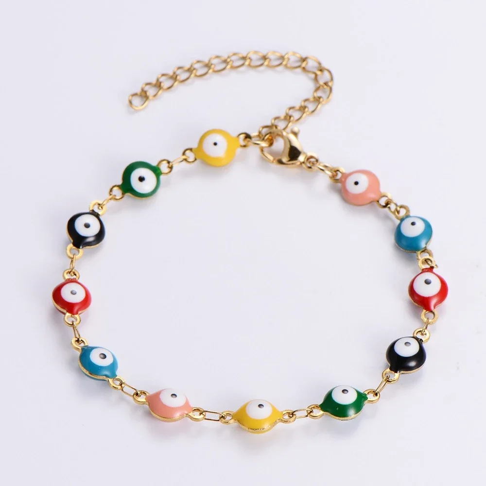 Evil Eye Stainless Steel Gold-Tone Enamel Disc Bracelet