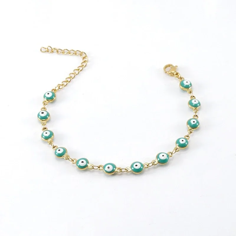 Evil Eye Stainless Steel Gold-Tone Enamel Disc Bracelet - Light Green
