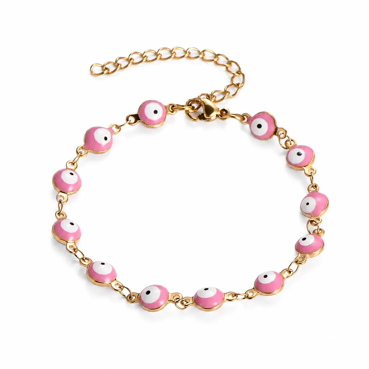 Evil Eye Stainless Steel Gold-Tone Enamel Disc Bracelet - Pink