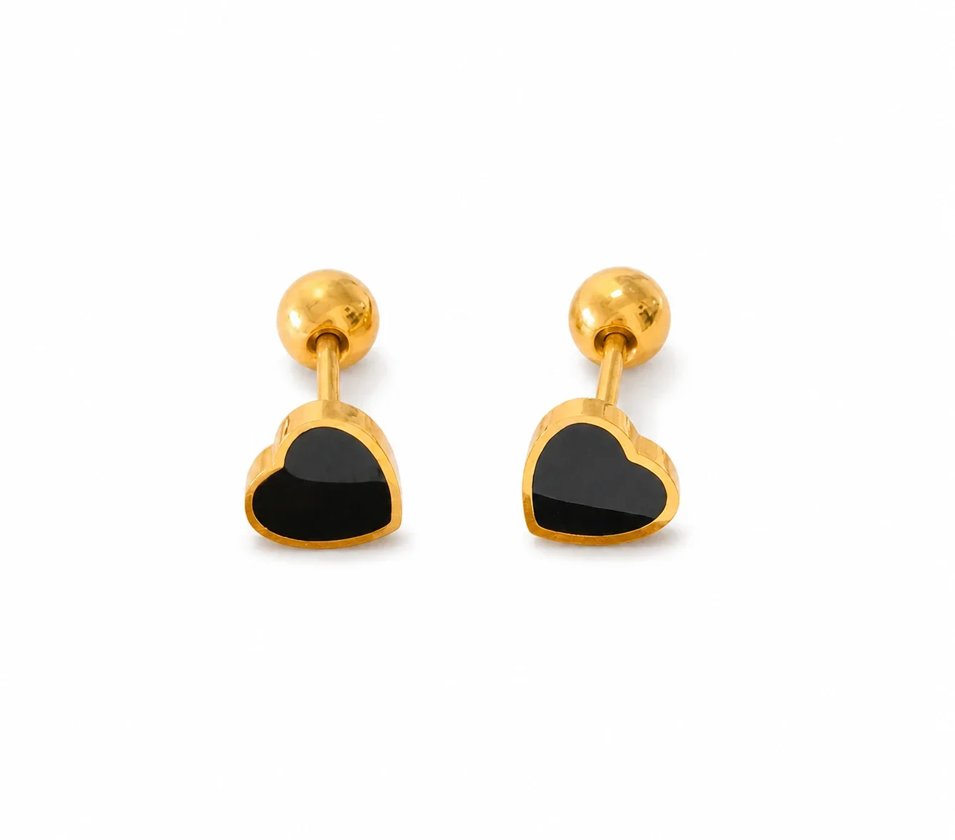 Playful Gold-Plated Stainless Steel Ribbed Motif Stud Earrings - Gold Black Heart