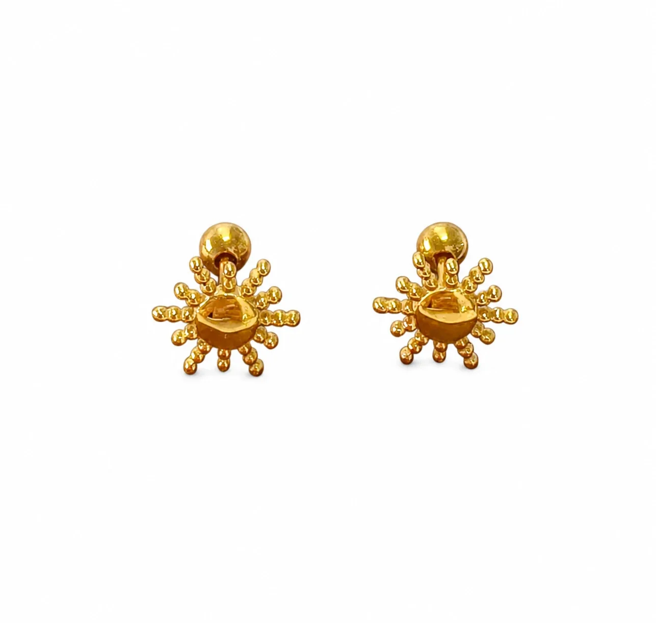 Playful Gold-Plated Stainless Steel Ribbed Motif Stud Earrings - Gold Sunburst