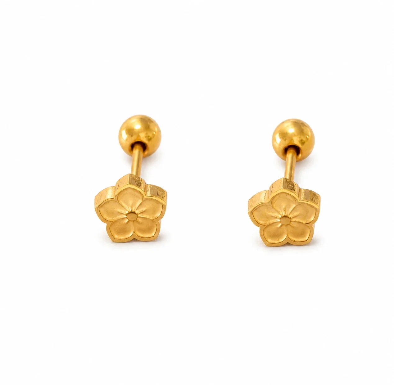 Playful Gold-Plated Stainless Steel Ribbed Motif Stud Earrings - Gold Cherry Blossom