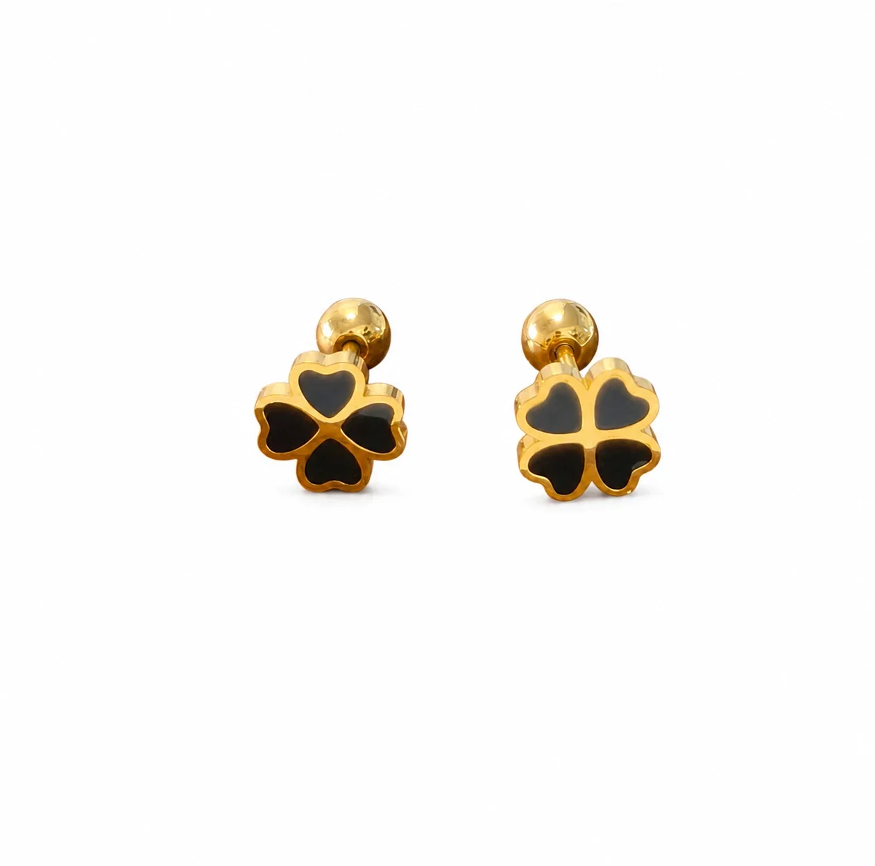 Playful Gold-Plated Stainless Steel Ribbed Motif Stud Earrings - Gold Black Heart -Leaf Clover