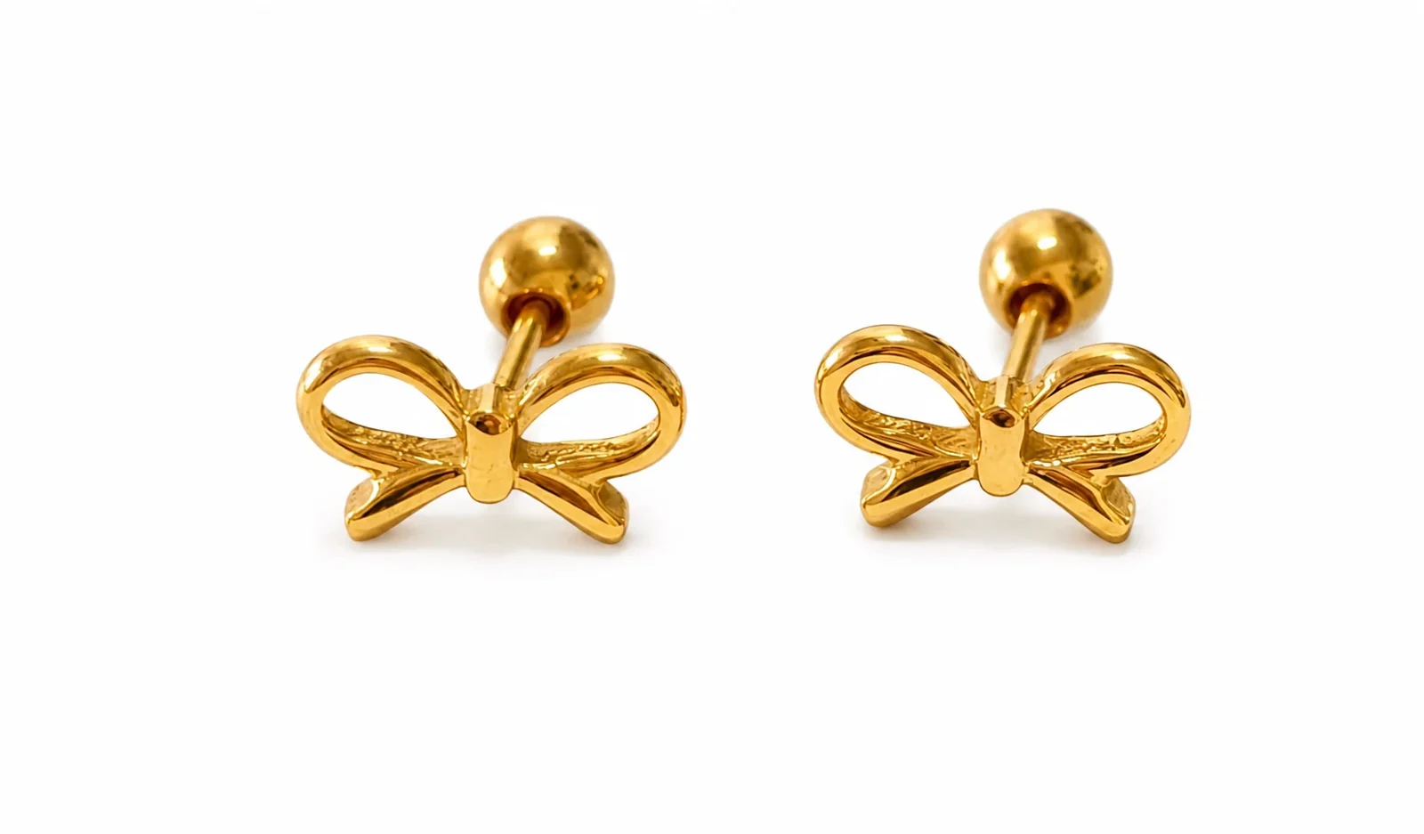 Playful Gold-Plated Stainless Steel Ribbed Motif Stud Earrings - Gold Bow