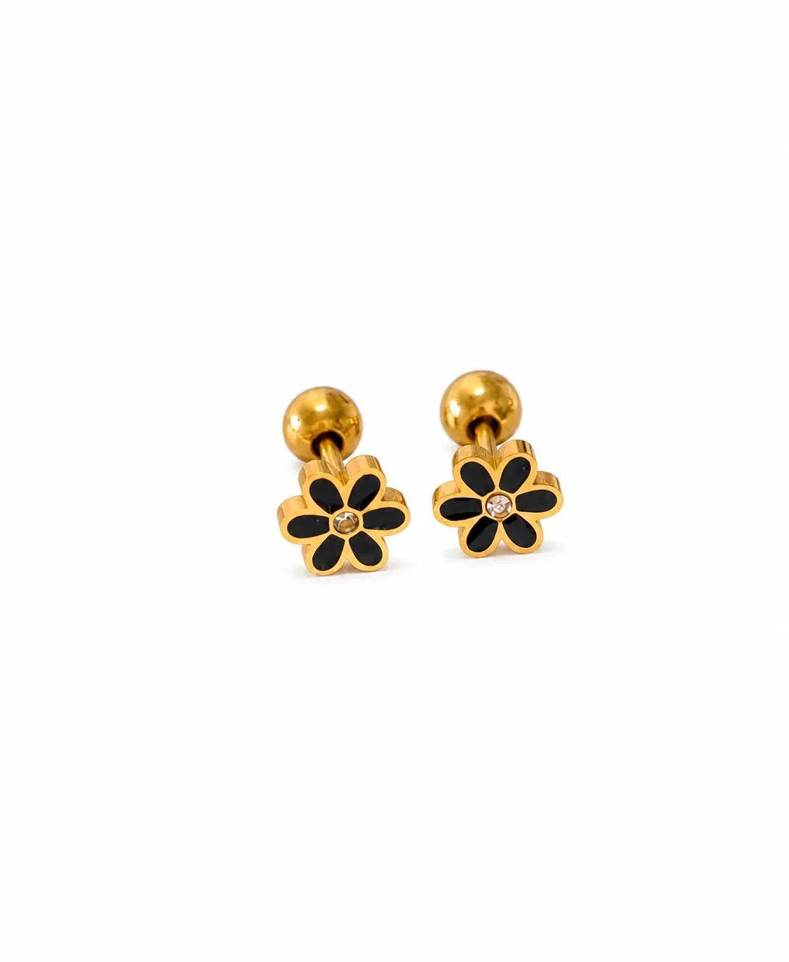 Playful Gold-Plated Stainless Steel Ribbed Motif Stud Earrings - Gold Black Daisy Crystal