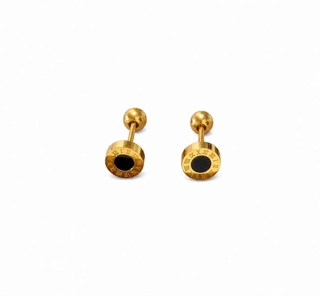 Playful Gold-Plated Stainless Steel Ribbed Motif Stud Earrings - Gold mm Roman Black Shell