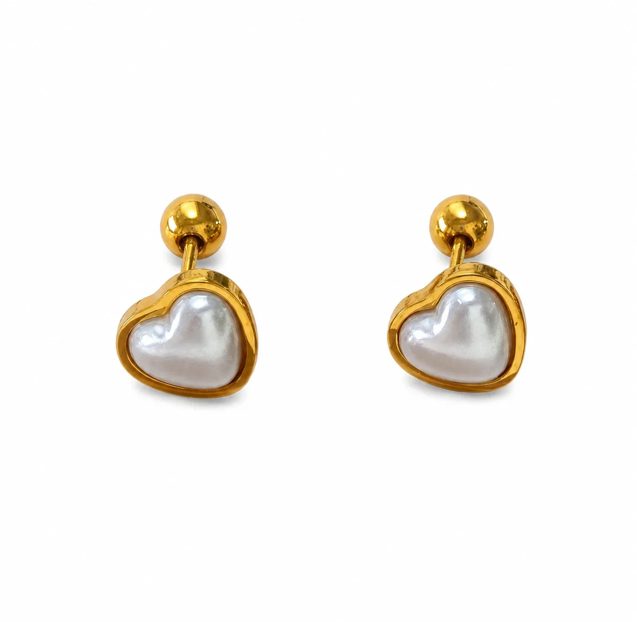 Playful Gold-Plated Stainless Steel Ribbed Motif Stud Earrings - Gold White Pearl Heart