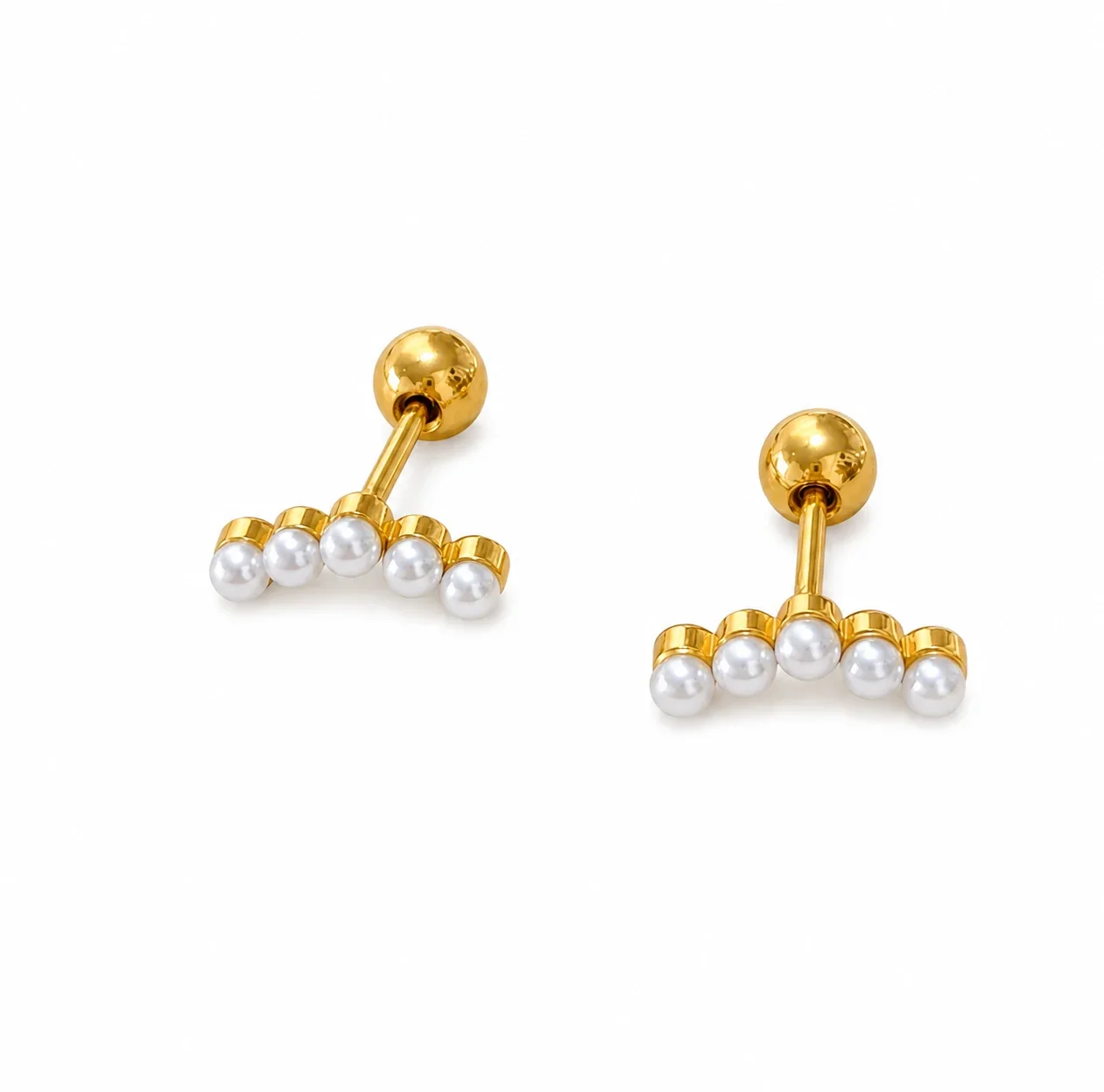 Playful Gold-Plated Stainless Steel Ribbed Motif Stud Earrings - Gold Smiling Pearl