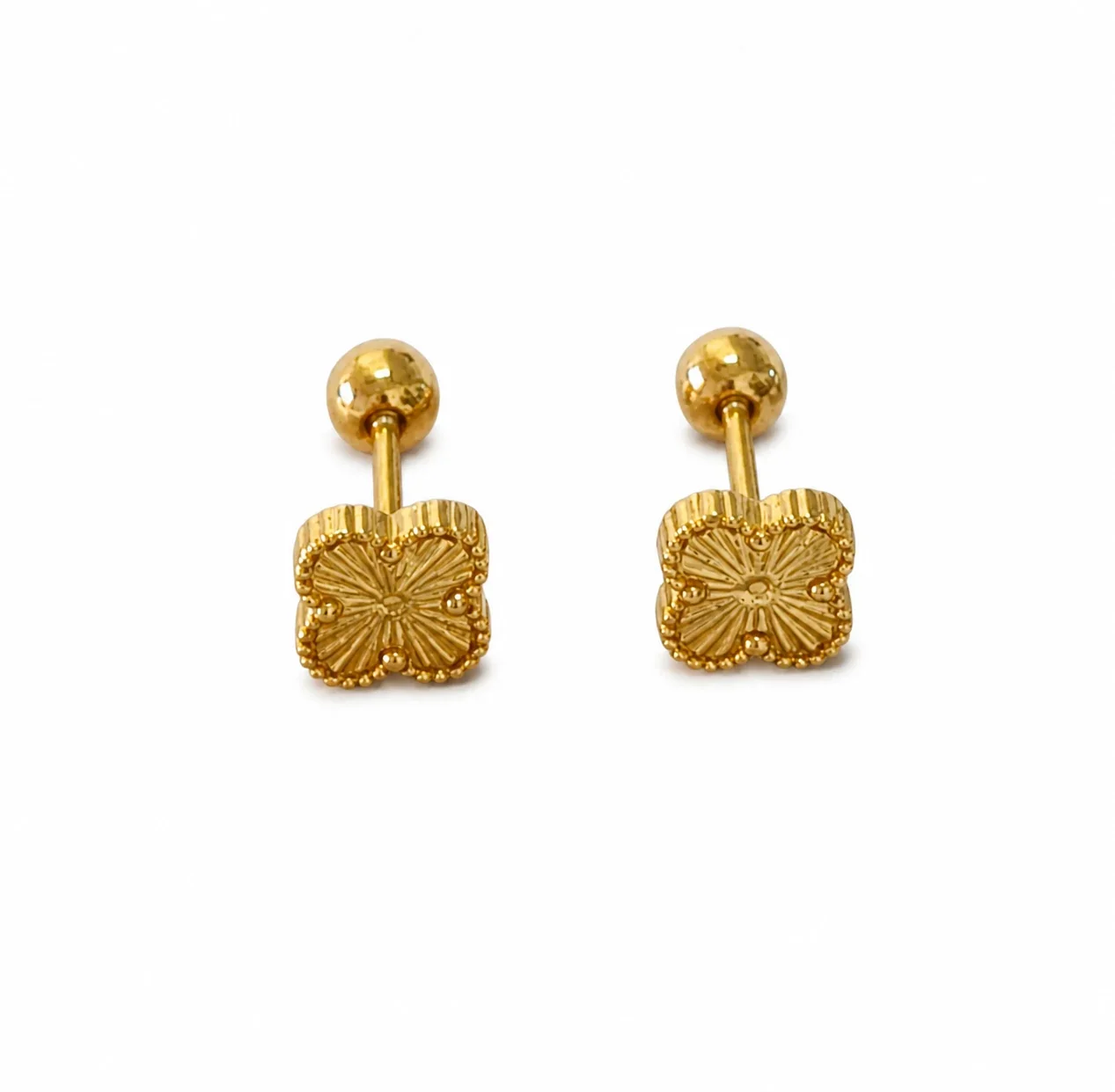 Playful Gold-Plated Stainless Steel Ribbed Motif Stud Earrings - Gold Iridescent -Leaf Clover