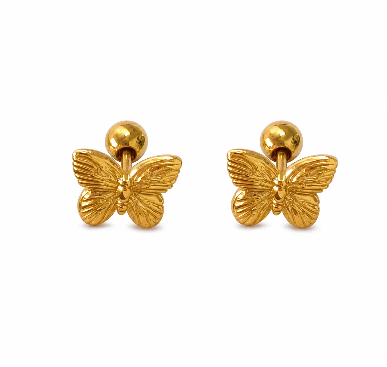 Playful Gold-Plated Stainless Steel Ribbed Motif Stud Earrings - Gold Vintage Butterfly