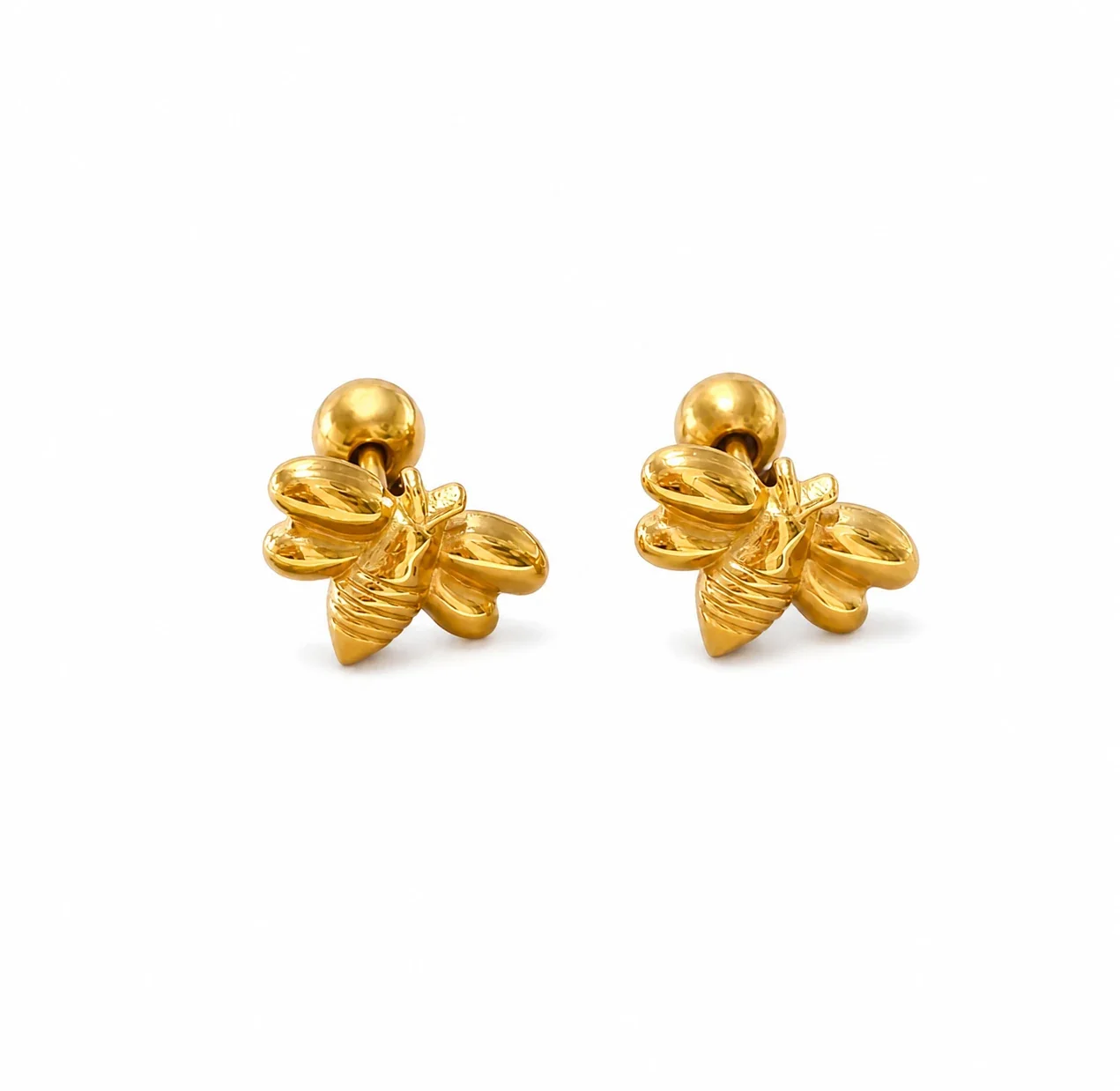 Playful Gold-Plated Stainless Steel Ribbed Motif Stud Earrings - Gold Bee