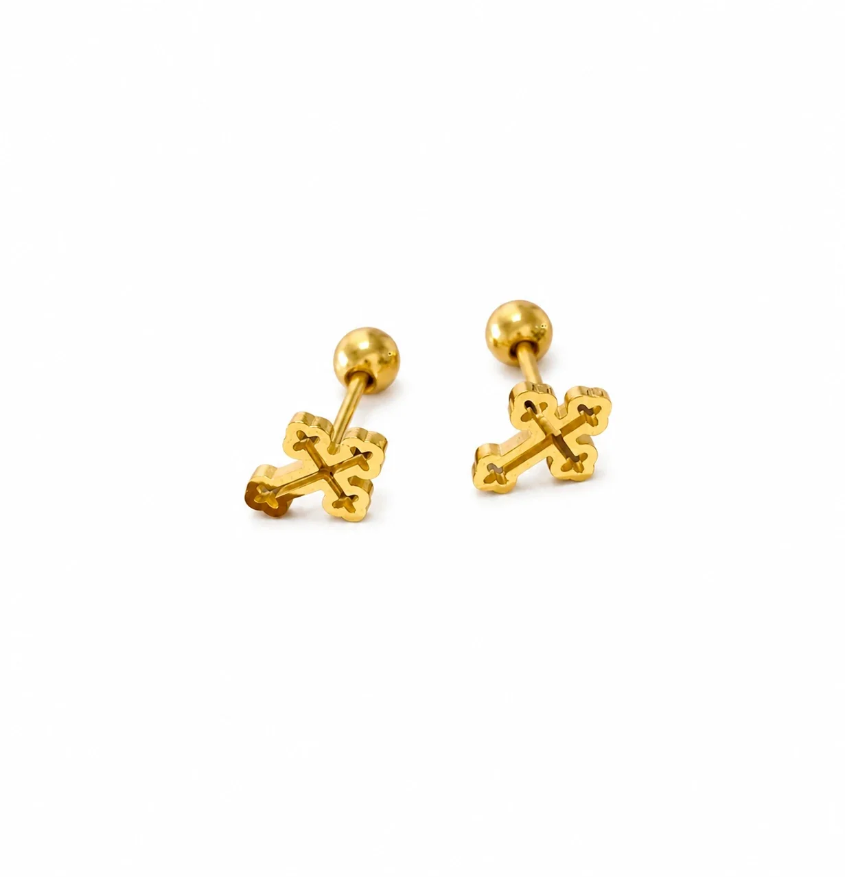 Playful Gold-Plated Stainless Steel Ribbed Motif Stud Earrings - Gold Open Cross