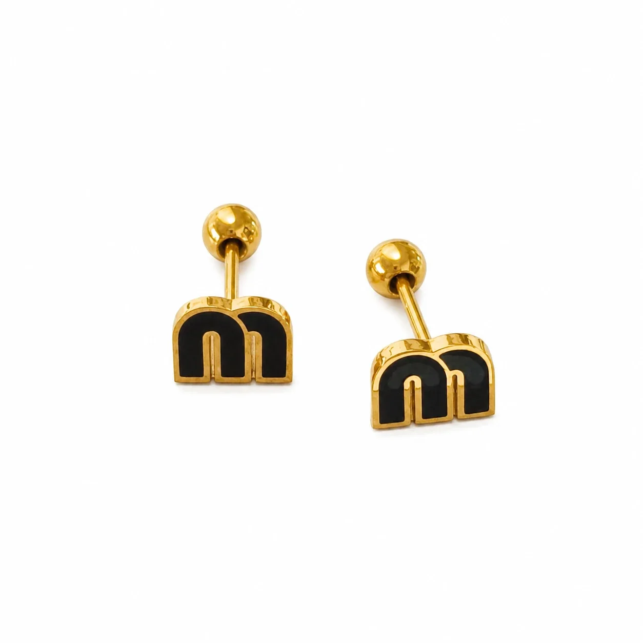 Playful Gold-Plated Stainless Steel Ribbed Motif Stud Earrings - Gold Black Letter M