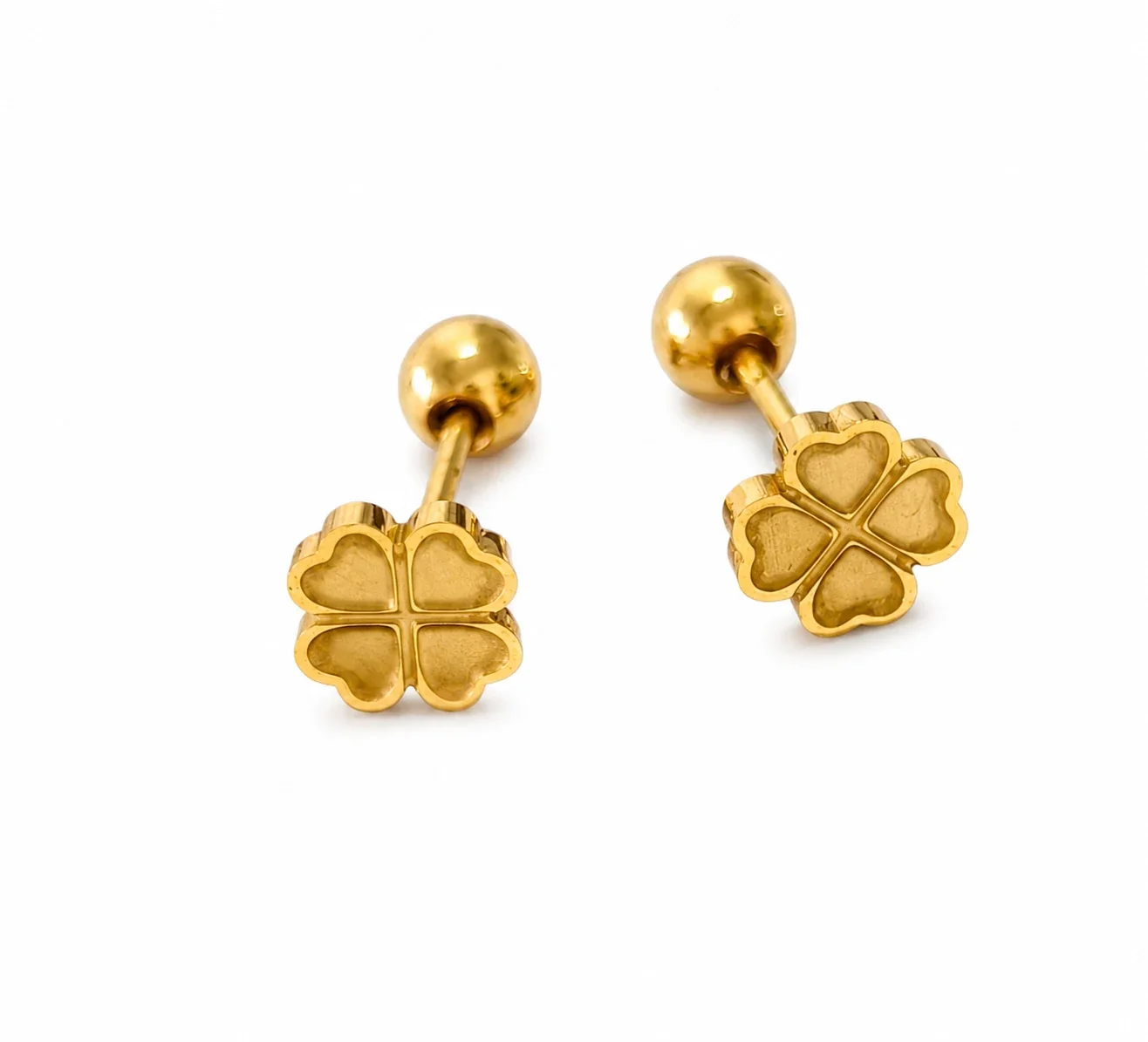 Playful Gold-Plated Stainless Steel Ribbed Motif Stud Earrings - Gold Heart Clover