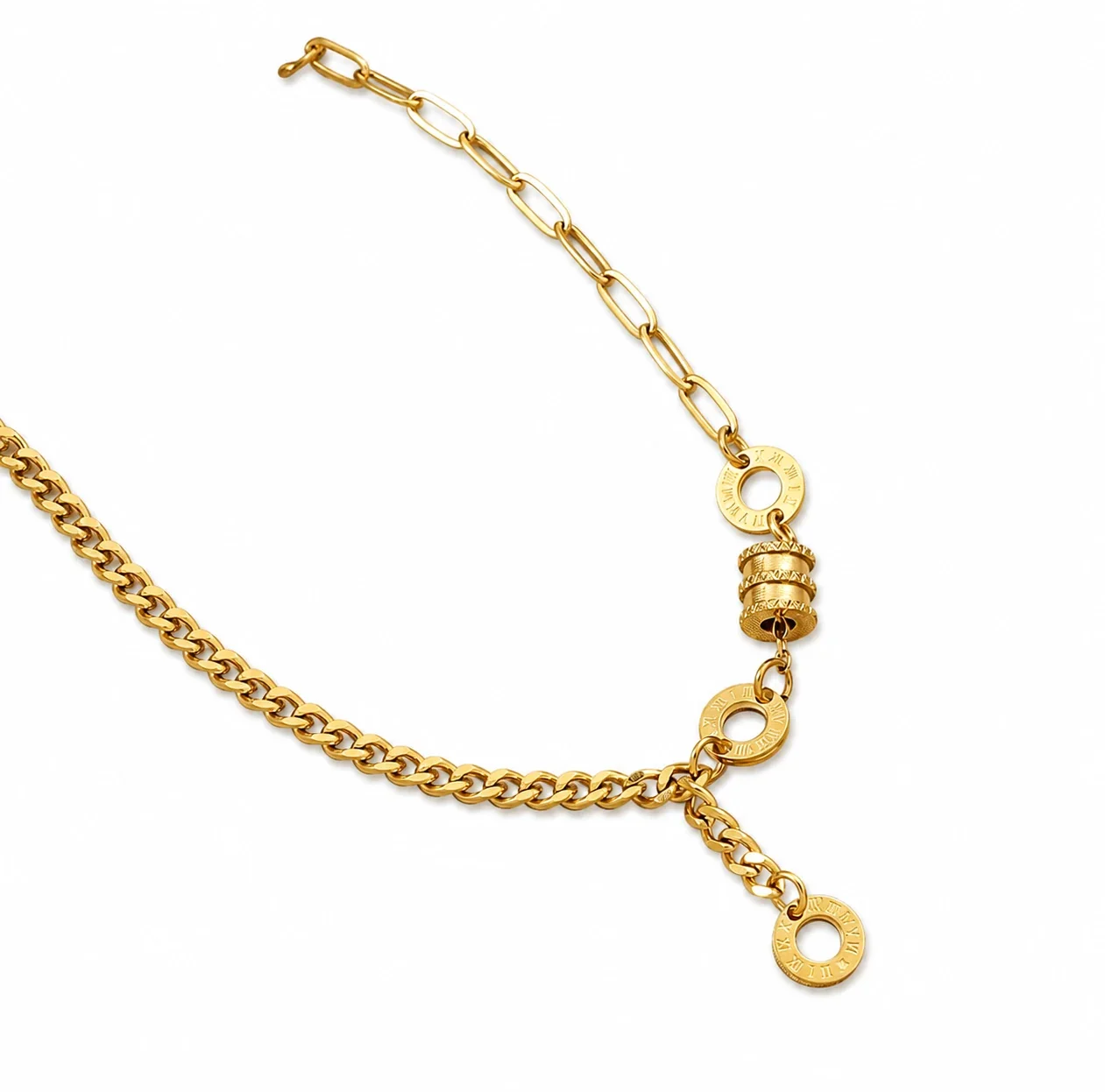 Polished Gold-Plated Curb Paperclip Tassel Bracelet