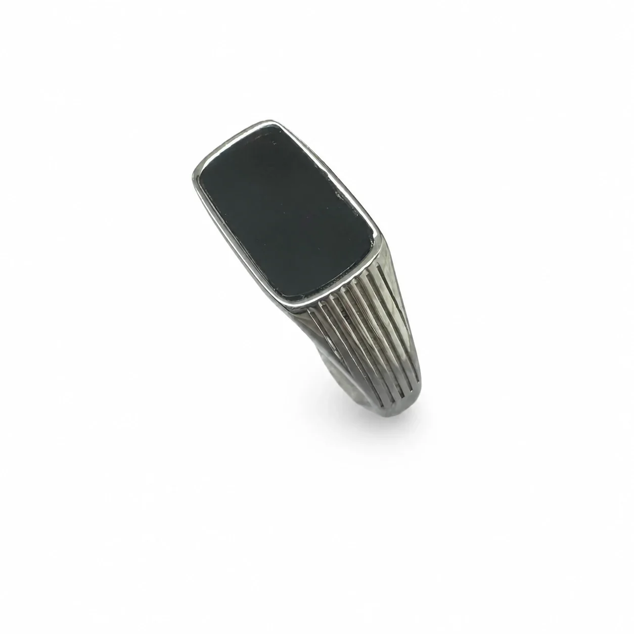 Refined 316 Stainless Steel Bar Stone Signet Ring - Black Stone Silver