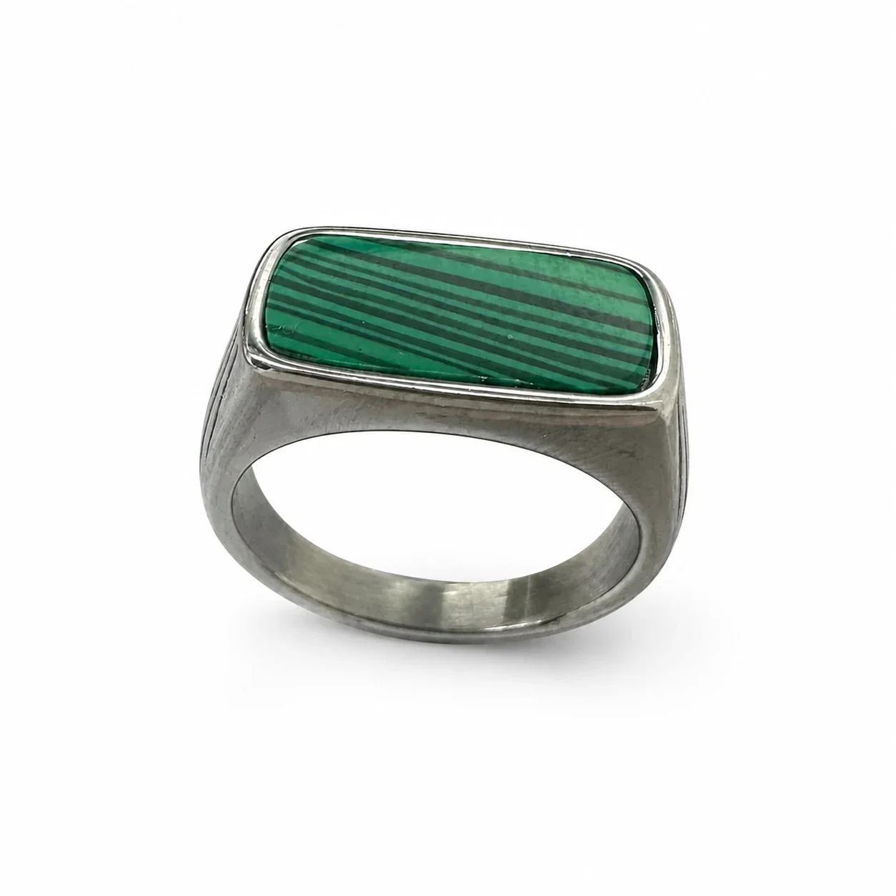 Refined 316 Stainless Steel Bar Stone Signet Ring - Synthetic Malachite Silver