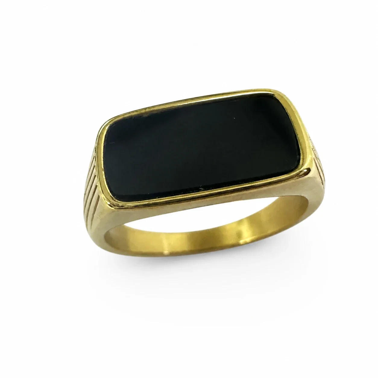 Refined 316 Stainless Steel Bar Stone Signet Ring - Black Stone Gold