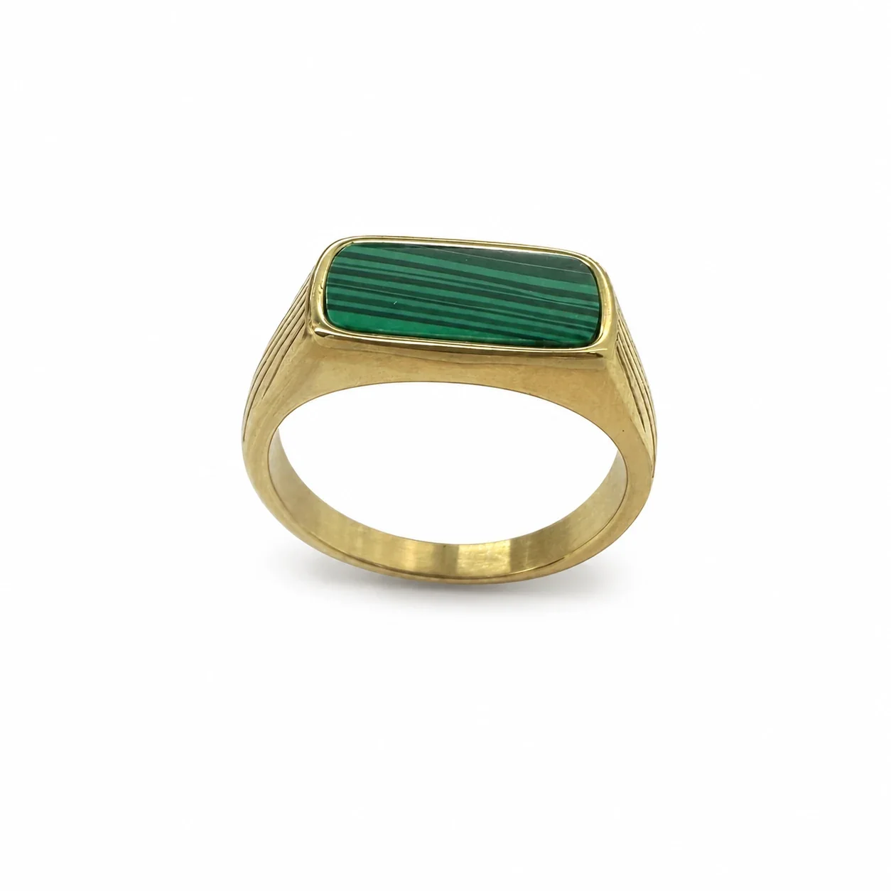 Refined 316 Stainless Steel Bar Stone Signet Ring - Synthetic Malachite Gold