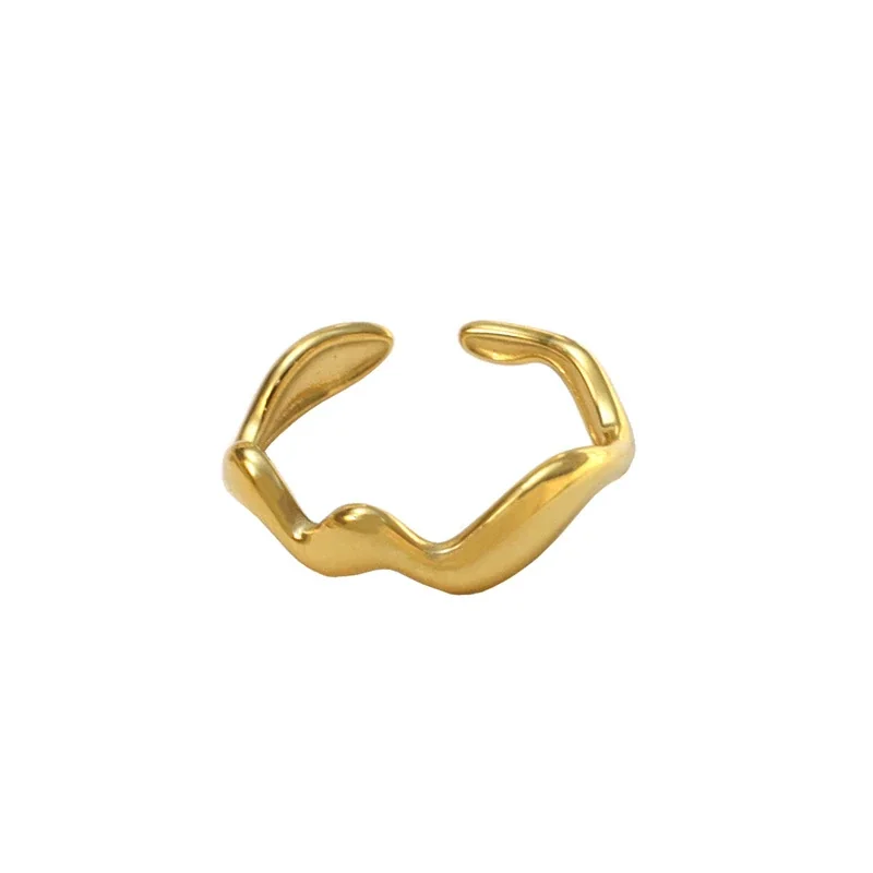 Open Ring with Wavy Band and Paddle Ends, Gold-Plated Steel