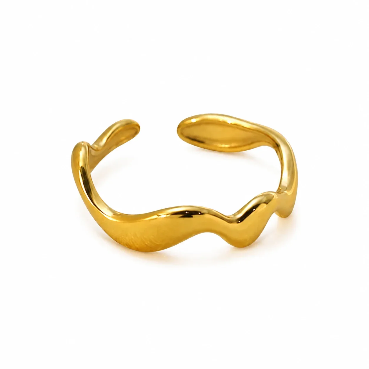 Open Ring with Wavy Band and Paddle Ends, Gold-Plated Steel