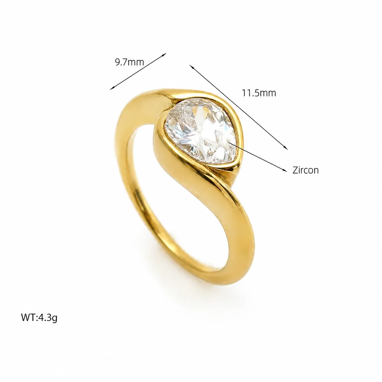 Sculptural 14K Gold-Plated Teardrop Bezel CZ Ring - Gold Side-Stone Size