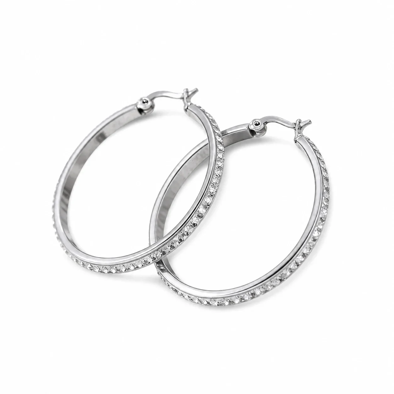 Polished 316 Stainless Steel Textured Hoop Earrings - Silver
