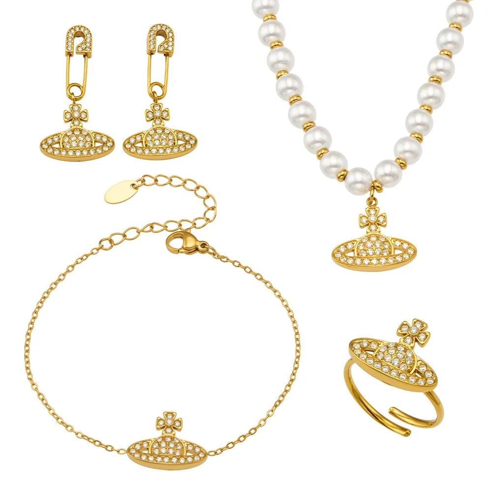 Whimsical CZ Planet Pearl-Effect 316L Stainless Steel PVD Jewelry Set