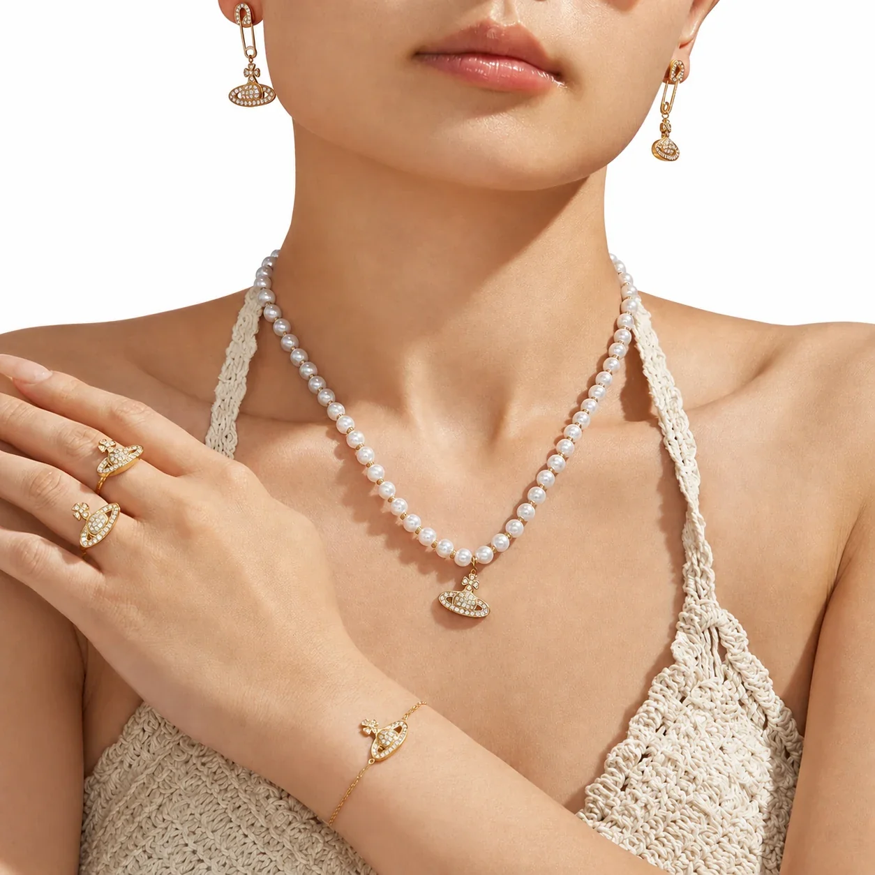 Whimsical CZ Planet Pearl-Effect 316L Jewelry Set