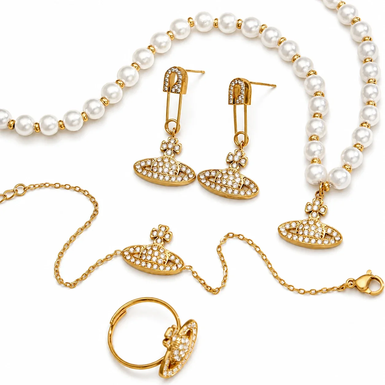 Whimsical CZ Planet Pearl-Effect 316L Jewelry Set