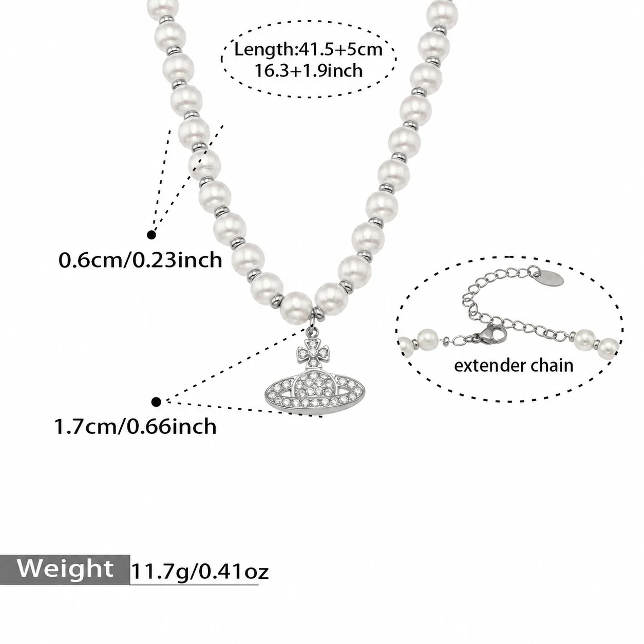 Whimsical CZ Planet Pearl-Effect 316L Jewelry Set - Silver Planet 41.5+5 cm