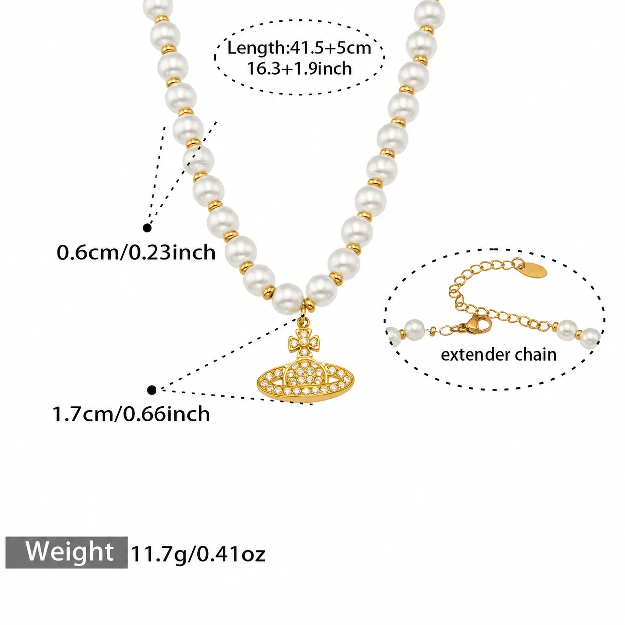 Whimsical CZ Planet Pearl-Effect 316L Jewelry Set - Gold Planet 41.5+5 cm