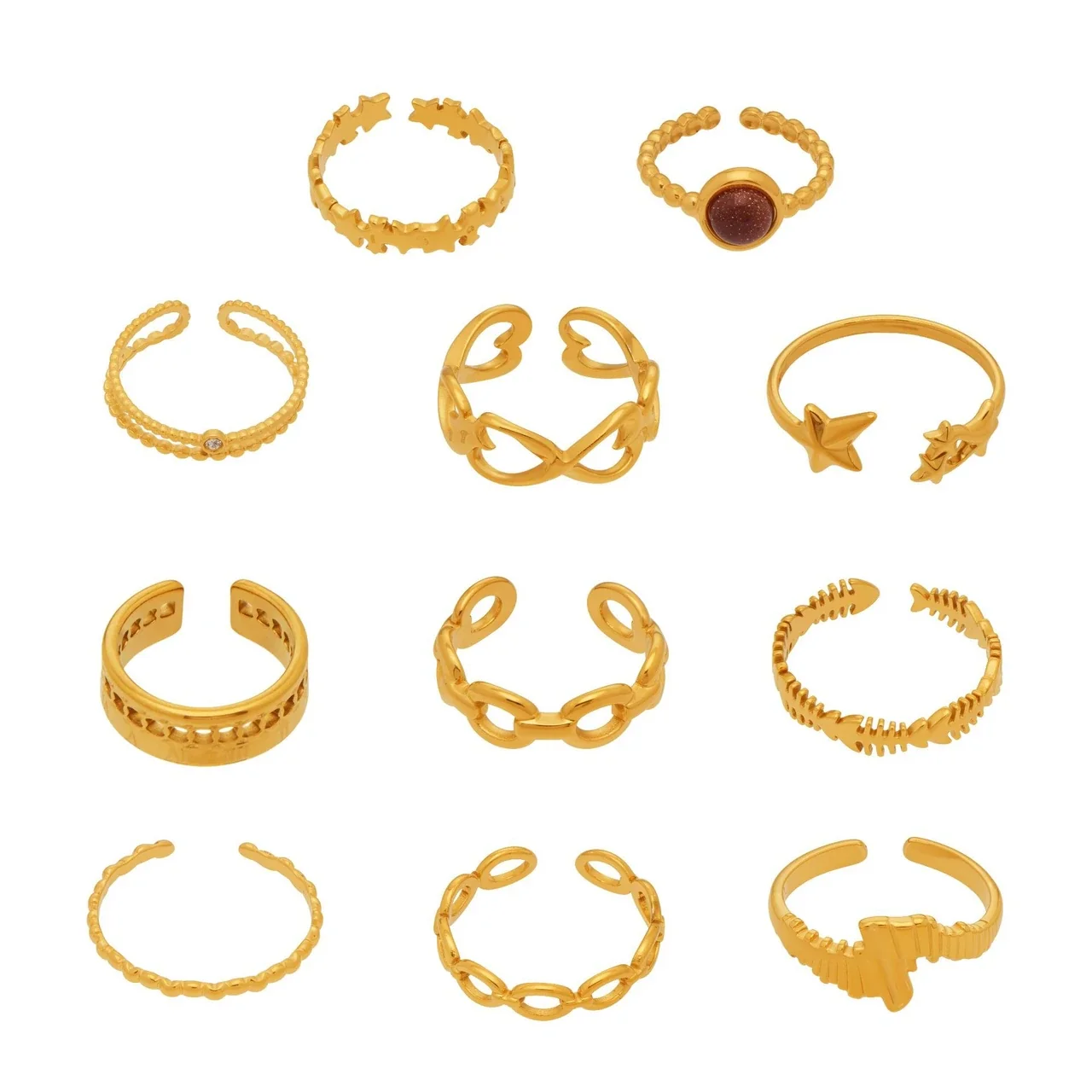 Adjustable Rings with Star & Chain Motifs, Stainless Steel
