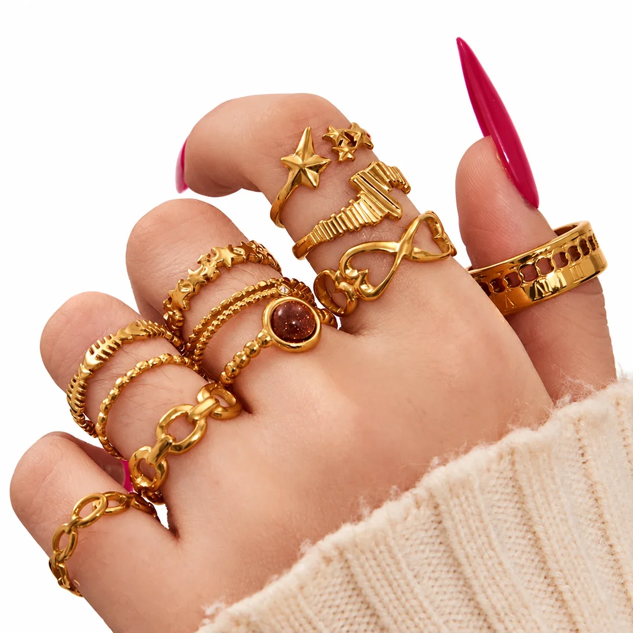 Adjustable Rings with Star & Chain Motifs, Stainless Steel