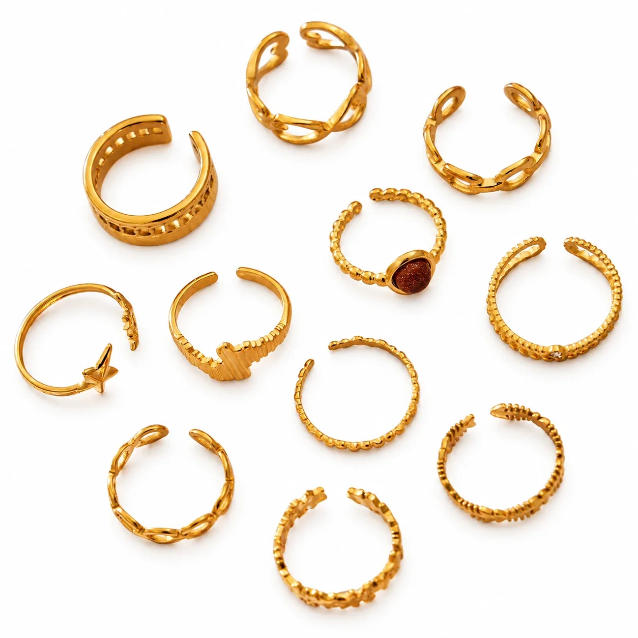Adjustable Rings with Star & Chain Motifs, Stainless Steel