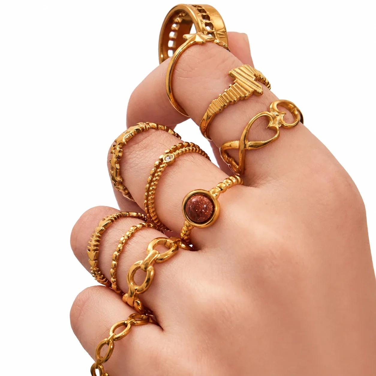 Adjustable Rings with Star & Chain Motifs, Stainless Steel