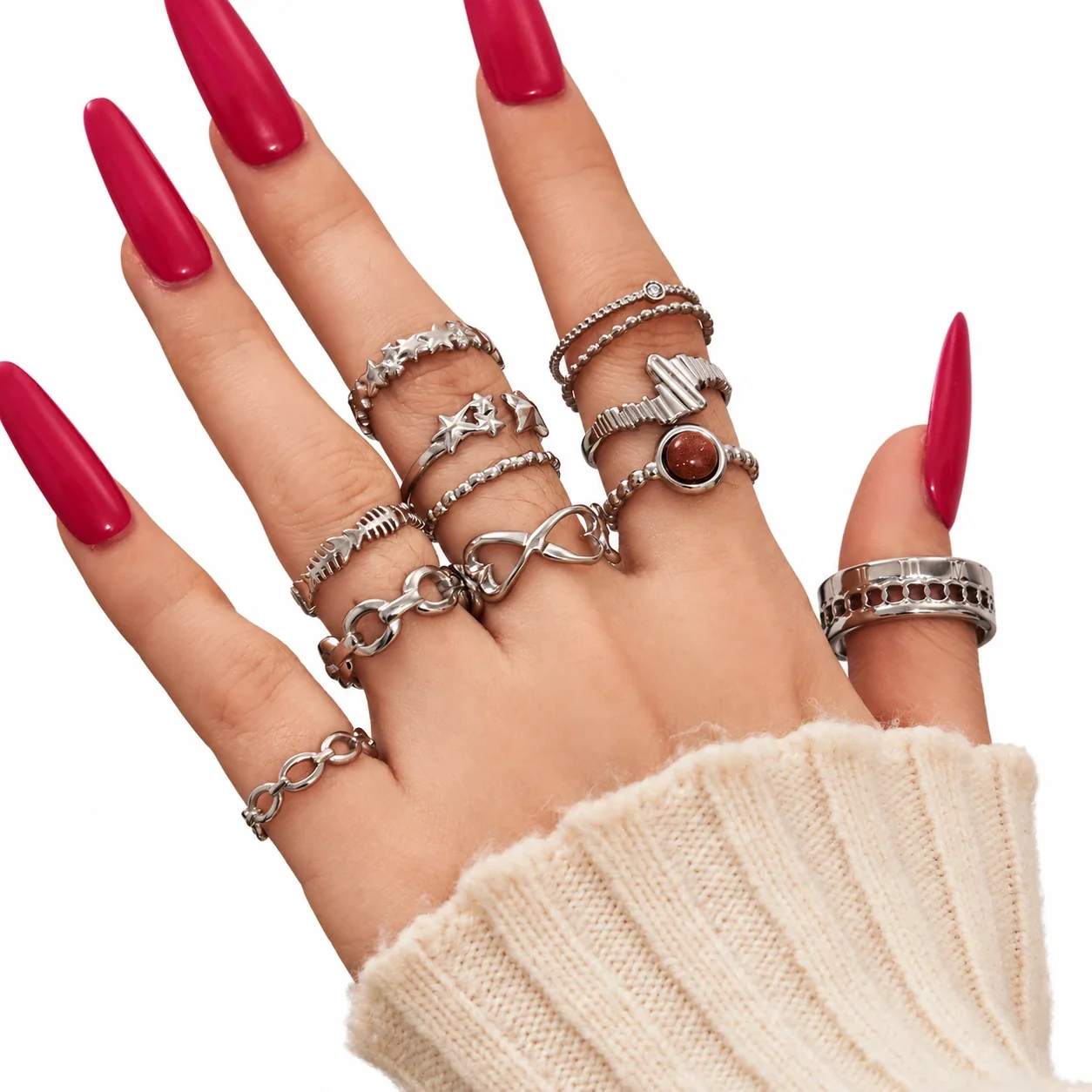 Adjustable Rings with Star & Chain Motifs, Stainless Steel