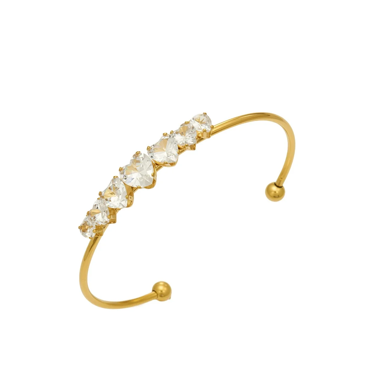 Bracelete Rígido Aberto com Zircónia Cúbica em Coração, Banhado a Ouro, Aço Inoxidável 316