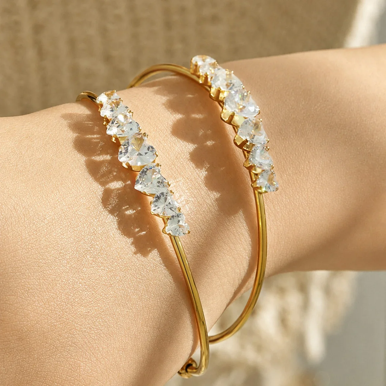 Cuff Bangle Heart-Cut CZ Gold-Plated 316 Stainless Steel